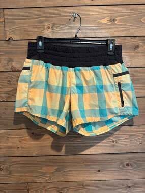 Lululemon Speed Shorts Checkmate Lagoon Teal Orange Plaid Sz 8